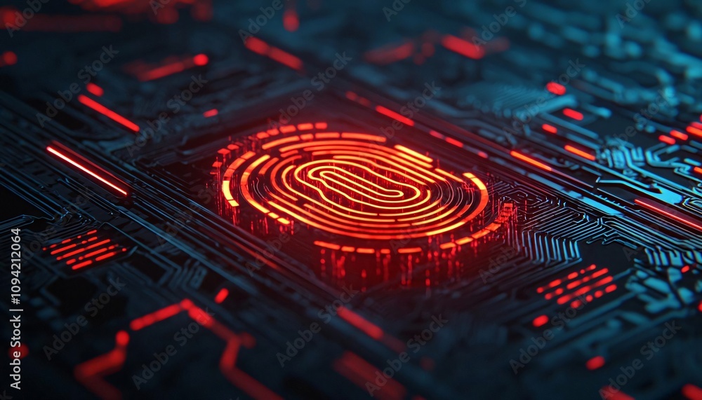 Poster futuristic fingerprint scanner on a digital circuit board, showcasing security and technology in mod