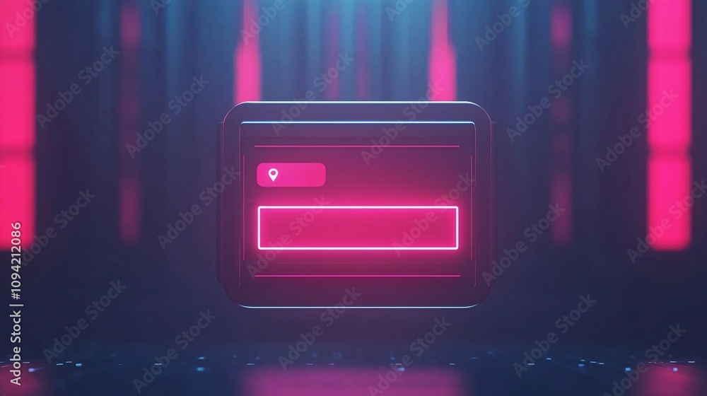 Poster futuristic interface design with neon lights showcasing a digital location input box.