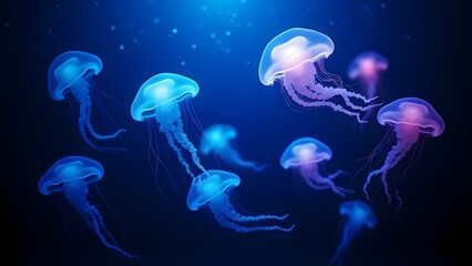 Naklejka premium Serene Jellyfish Background Flowing Light Trails in Deep Ocean Wallpaper