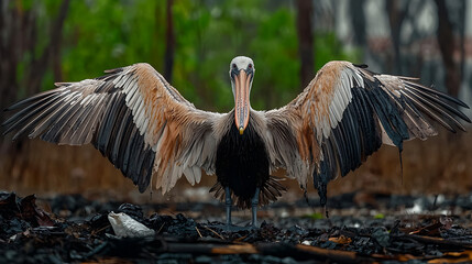 Fototapeta premium Aquatic Wildlife Struggles Pollution's Impact on Birds at a Defiled Nature Reserve Environmental Photography Close-Up Viewpoint