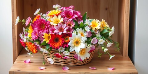 Lovely flower basket overflowing with a mix of bright colors and delicate petals on a natural wood side table, flowers, decorative accessories, furniture