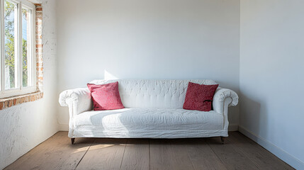 Cozy white couch with red pillows in a bright minimalistic room