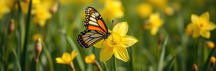 Fototapeta premium Lovely butterfly resting on soft yellow daffodil in meadow, wildflowers, natural, insects