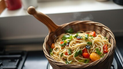 Low-angle view of a wooden-handled basket filled with noodles and vegetables on a stovetop, kitchen essentials, vegetable arrangement