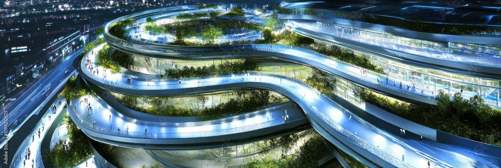 Poster a modern architectural design featuring a multi-level structure with greenery and lighting.