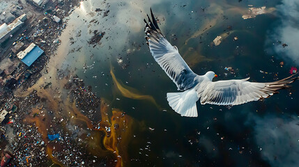 Fototapeta premium Birds Soaring Over Polluted Waters Urban Environment Aerial View Aquatic Animal Struggles Against Pollution