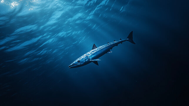 A barracuda swimming alone in open water, its sleek form lit by sunlight