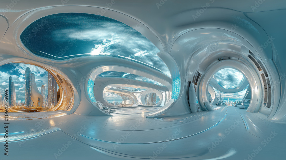Poster 360 degree panorama view.a 3d rendering shows a futuristic building. the image is a complete, panora