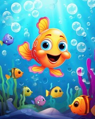 Colorful Cartoon Fish Swimming Underwater