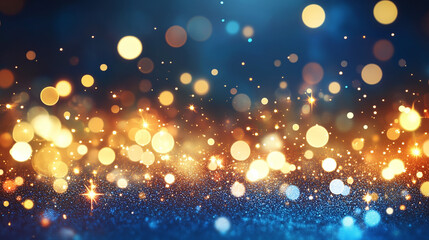 Fototapeta premium Abstract blurred bokeh lights on dark blue background - festive Christmas and new year holiday template with glittering defocused stars and sparkling effects