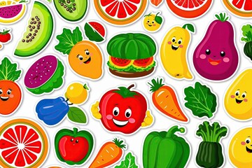 Montage of Bright and Cheerful Food Stickers in Retro Graphic Style Featuring Vibrant Cartoon Fruits and Vegetables