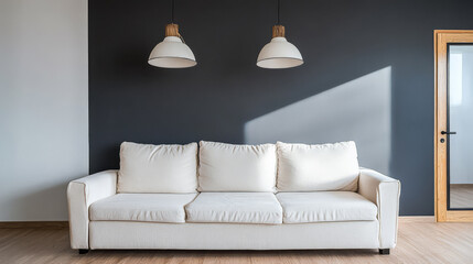 Modern living room with a comfortable white sofa and stylish pendant lights in minimalistic design
