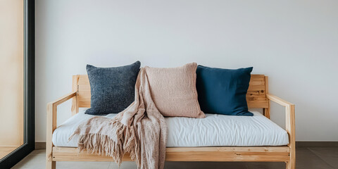 Cozy wooden sofa with decorative pillows and a blanket in a modern interior space