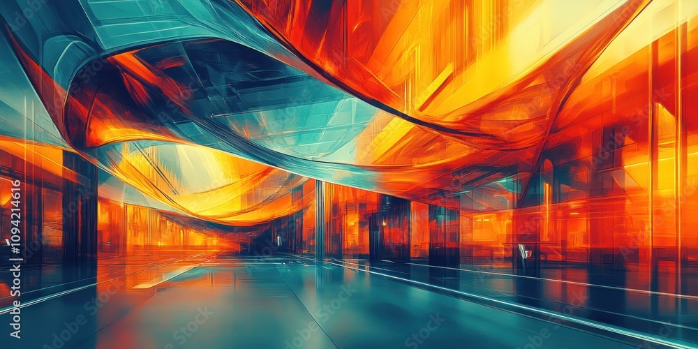 Poster abstract architectural space with vibrant colors and flowing forms.