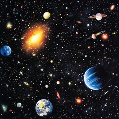 Fototapeta premium Cosmic Tapestry: A breathtaking view of the universe, showcasing planets, galaxies, and celestial wonders in a vibrant, detailed illustration. 