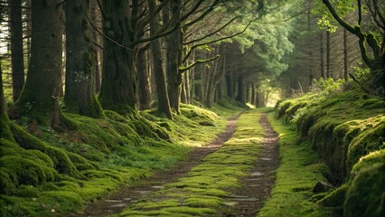 Fototapeta premium Moss-covered forest path winding through the trees, woods, forest scenery, landscape photography, moss, forest trail