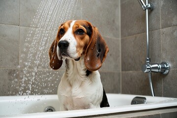 Beagle Indulging in a Refreshing Spa Shower Experience