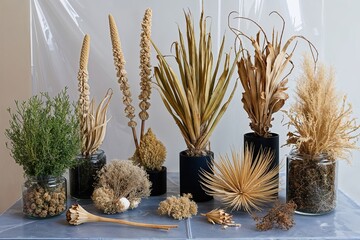 Semi-Arid Plant Selection and Desiccated Botanicals Display on Clear Canvas