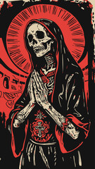 person with a skull, Santa Muerte figure is captured in prayer while prayer