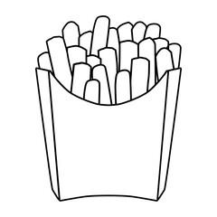 The black outline of French fries. French fries in a paper bag. Fast food. Vector illustration for design and web.