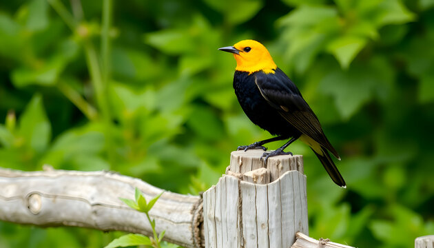 Vibrant yellow headed blackbird perches on a wreath Yellow Headed Black Bird Hanging Out On A Wooden Post forest background,