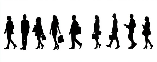 Silhouette Illustration of 16 People in Various Poses with Briefcases and Bags in Two Rows