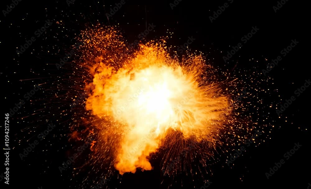 Poster explosive fireball with bright orange glow and fiery sparks in dark background explosion