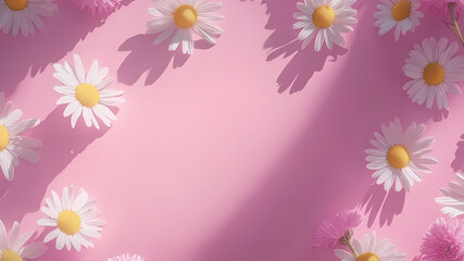 Chamomile Daisies on a Pink Background: A Minimalist Summer Floral Flat Lay. Capture the essence of a bright and cheerful season with this creative summer or spring backdrop. 