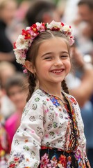 A young girl in colorful attire dances joyfully at a local festival amid an audience