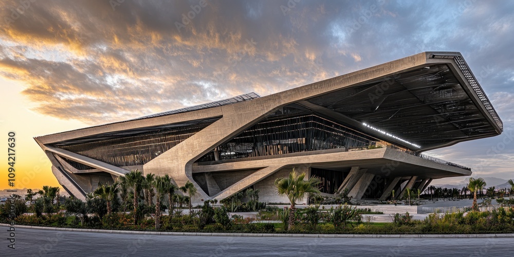 Aufkleber a modern architectural structure with a dynamic design, surrounded by palm trees at sunset.