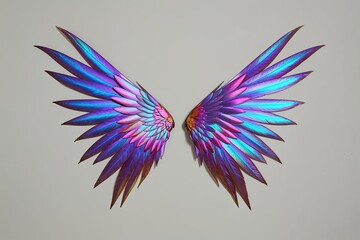 Vibrant Iridescent Wings with Colorful Feathers on a Simple Background