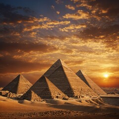 The majestic Pyramids of Giza standing tall under a fiery desert sunset.