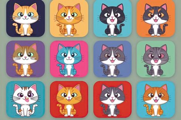 Fototapeta premium Vibrant Cartoon Cat Character Collection in Playful Whimsical Flat Design