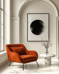 Modern Minimalist Living Room with Burnt Orange Armchair and Large Arched Window