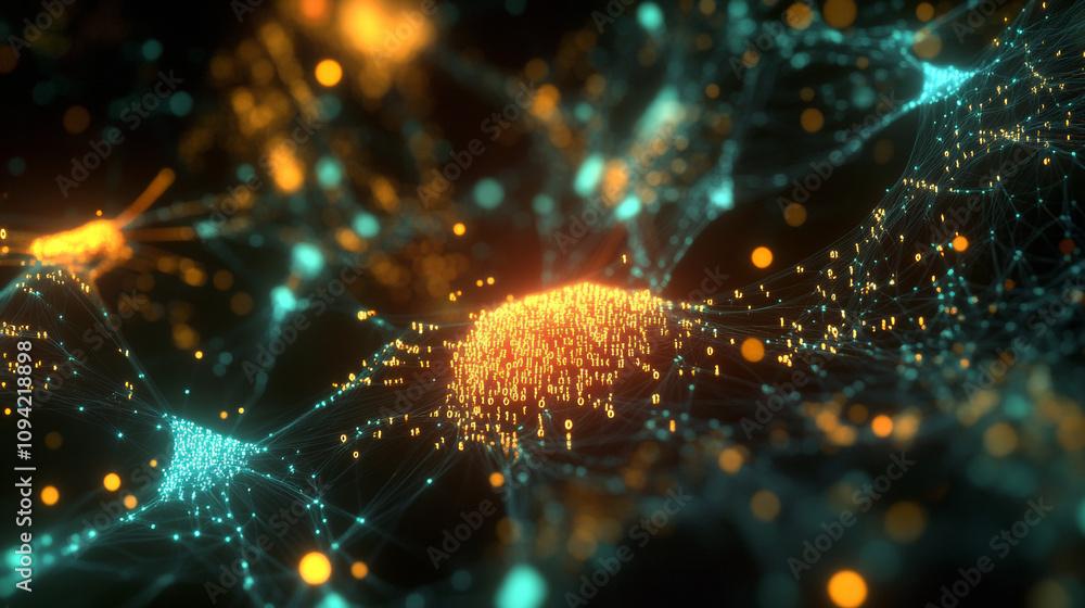 Poster a 3d image shows a glowing network of fibers representing data flow, with binary code on a dark back