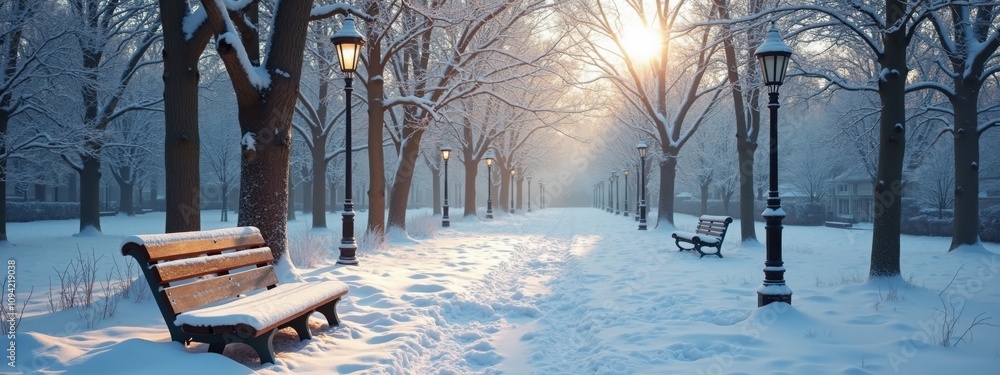 Poster soft sunlight breaks through the branches of snow-laden trees in a peaceful park, illuminating empty