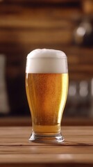 Close-up of a Belgian beer glass with a golden hue and creamy foam on a wooden surface