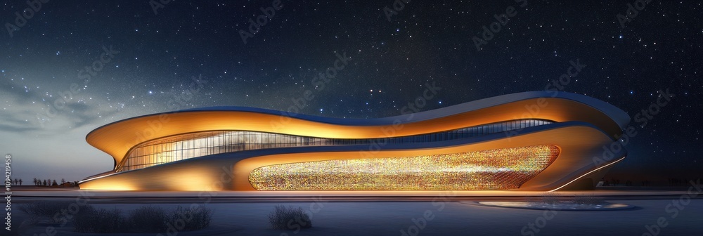 Poster a futuristic architectural structure illuminated under a starry sky.