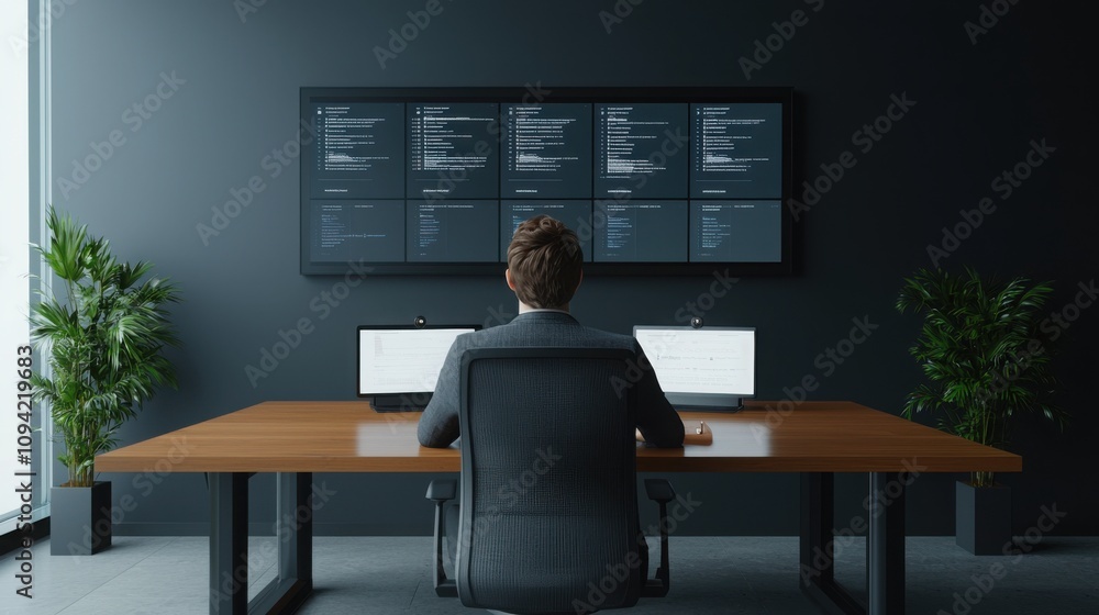 Aufkleber a person sits at a desk with two monitors, facing a large screen displaying code, in a modern office