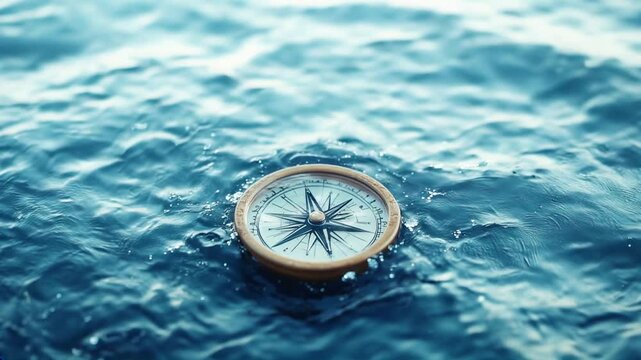 Compass in the Ocean: Finding Your Way. A weathered compass floats gently on a deep blue ocean, symbolizing navigation, direction, and the journey of life.  