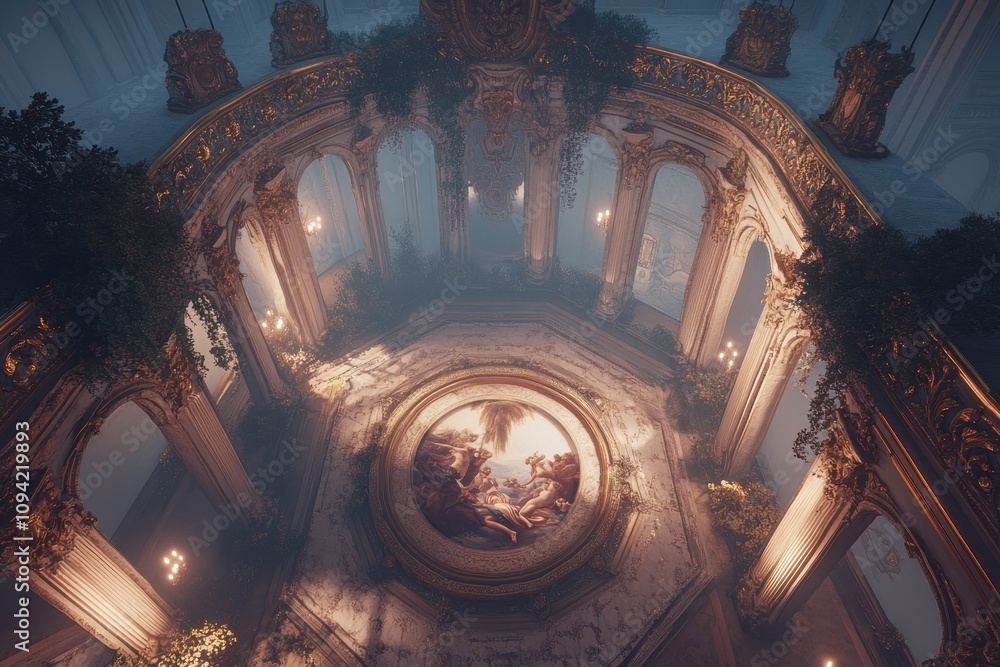Poster a grand, atmospheric architectural space with ornate columns and a central illuminated feature.