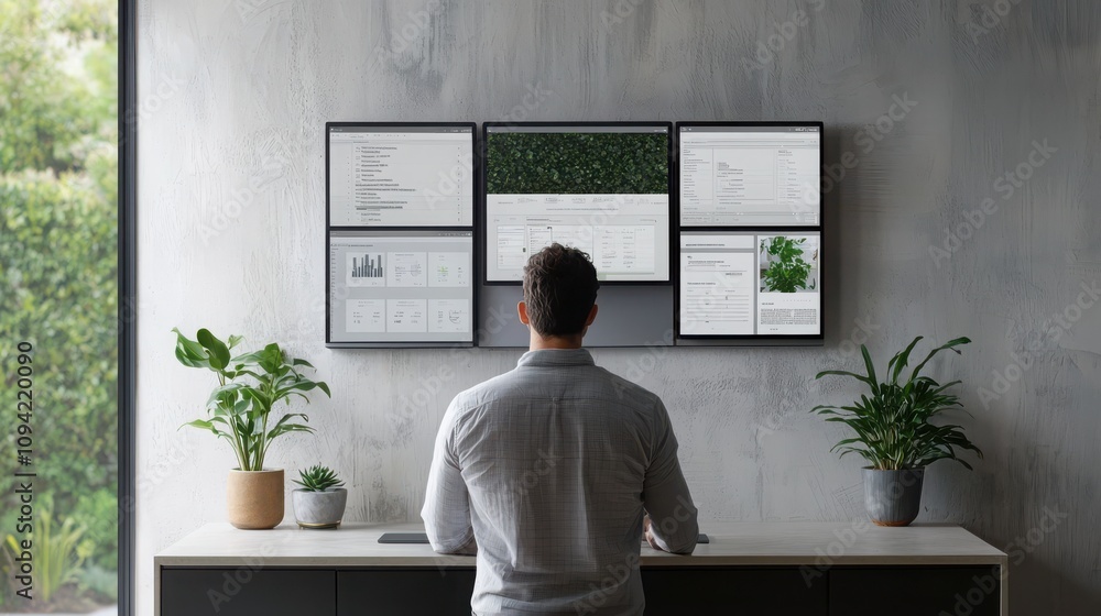 Aufkleber a person stands in front of multiple monitors displaying data, complemented by indoor plants, in a m