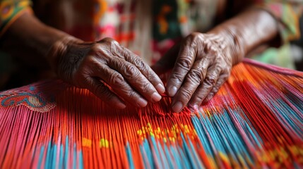 Close-up of hands weaving a vibrant hammock in Brazil, highlighting traditional craftsmanship