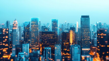 Fototapeta premium A vibrant city skyline at dusk, showcasing illuminated skyscrapers and a serene blue atmosphere.