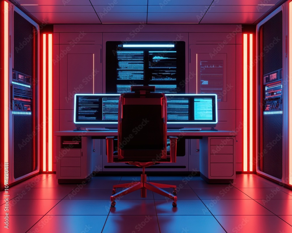 Poster a futuristic, neon-lit workspace featuring multiple monitors and a sleek chair, creating an immersiv