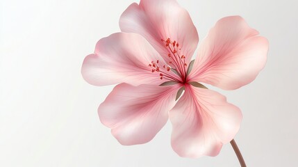 Naklejka premium A single, delicate pink flower with five petals and a red center blooms against a white background.