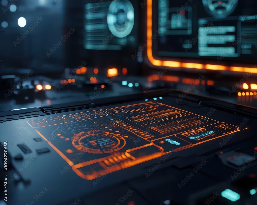 Poster a close-up of a futuristic control panel with glowing orange accents, showcasing complex data and di