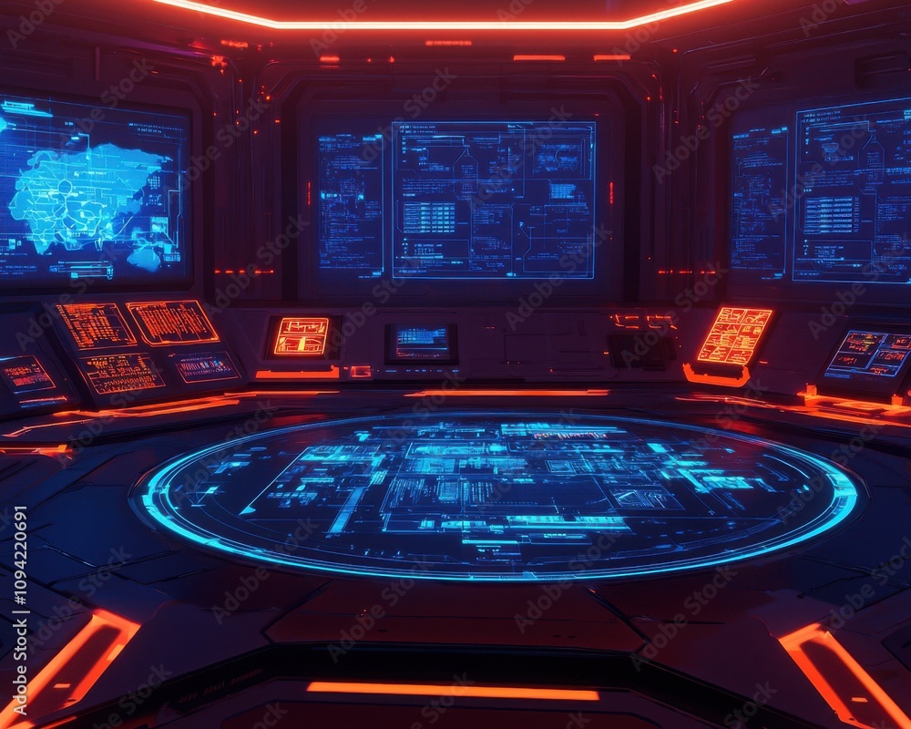 Aufkleber a high-tech control room featuring glowing screens and interfaces, illuminated by red and blue light