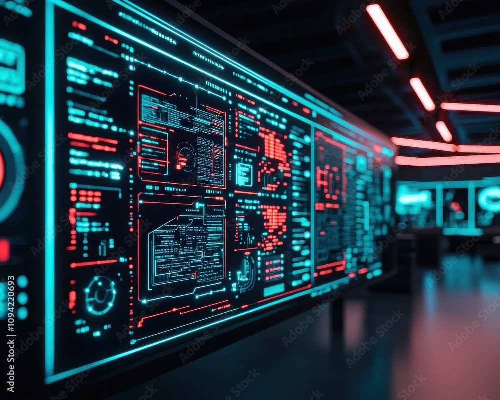Poster a futuristic control room displaying vibrant digital dashboards and data visualizations in blue and 