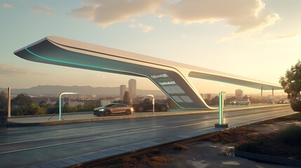Fototapeta premium Futuristic electric vehicle charging station with sleek modern cars in the background. Urban planning, new energy, green travel, technological innovation, sustainable development,green energy